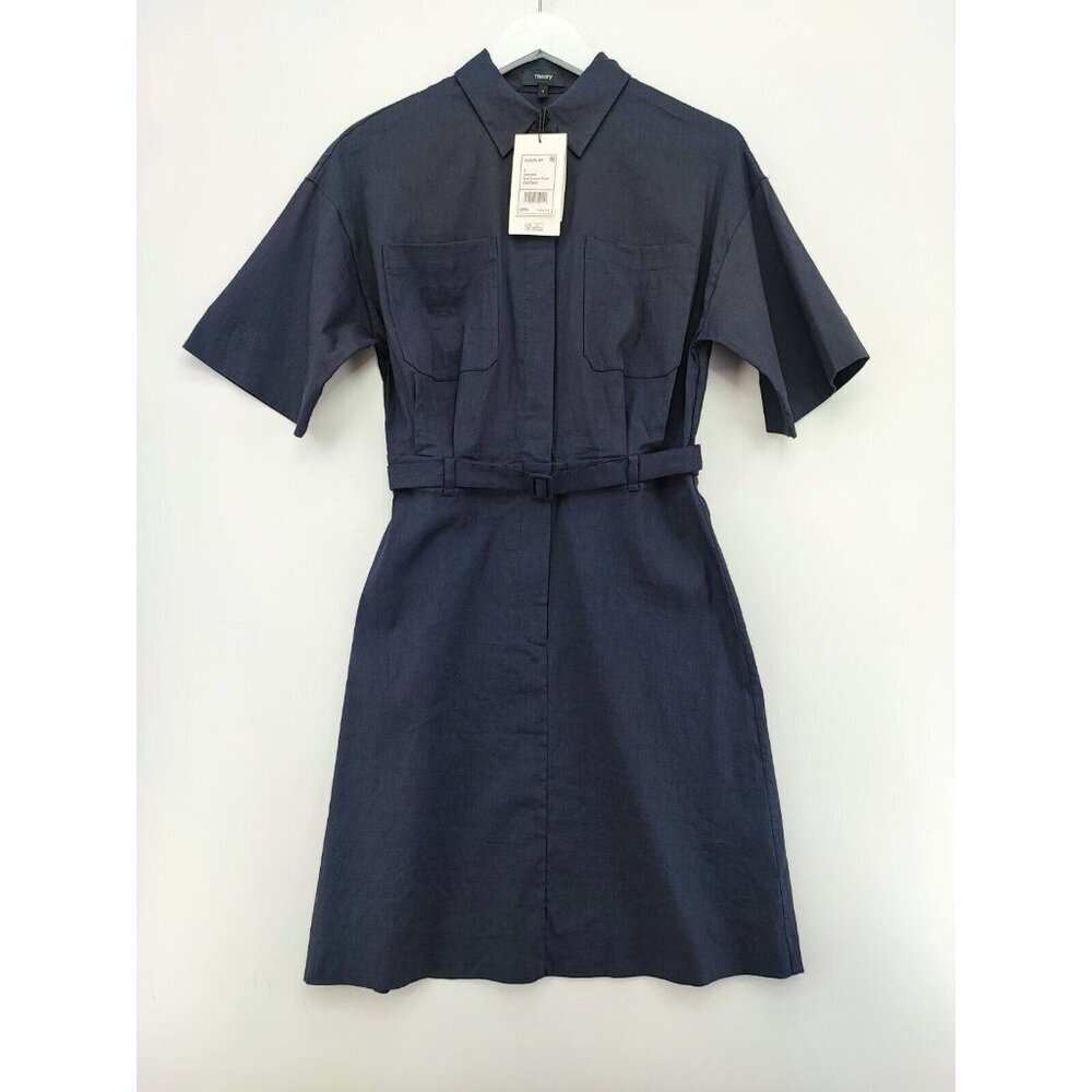 Theory Women's Linen Blend Classic Navy Blue Belted Shirt Dress Size 4